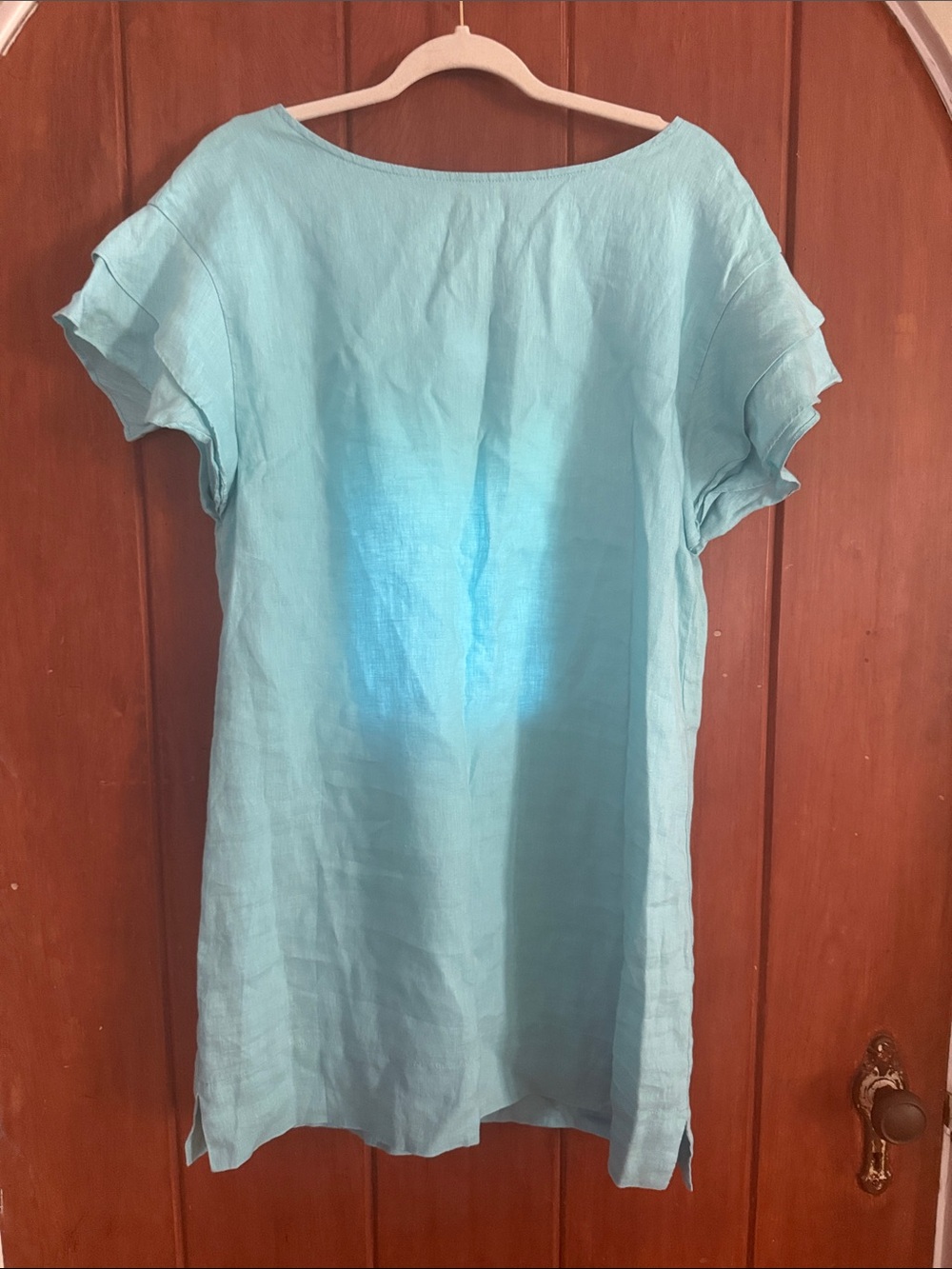 Finley 100% linen Aqua Blue Linen Short-Sleeve Dress Small